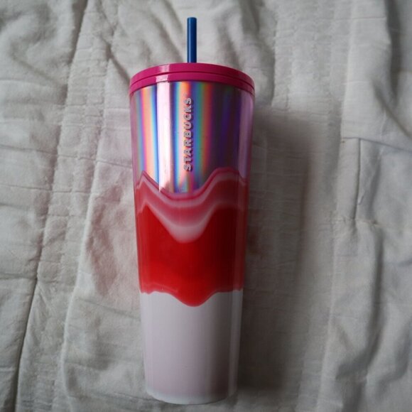 Starbucks 2021 Silver Pink White Ombre Wave Tumbler Cold Cup 24 oz Venti - Picture 1 of 5